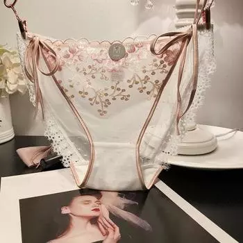 Женские трусики с кружевной завязкой и цветочной вышивкой и бантом, женские сетчатые трусы со средней талией и цветком M