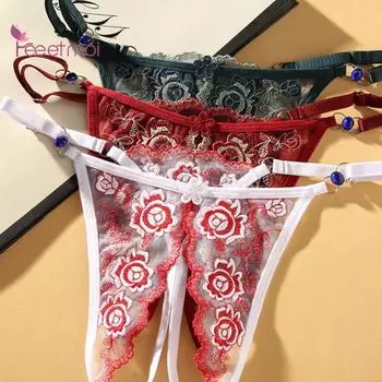 Женские трусики с регулируемым ремешком в промежности, распутные, тонкие, открытые, эластичные, прозрачные, кружевные, с цветочной вышивкой