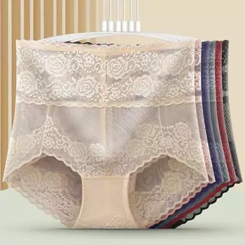 Женские трусики с высокой посадкой и кружевом больших размеров, без следов, с подтяжкой живота, ягодиц, дышащие трусы M