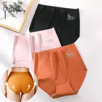 Женские трусики с высокой талией, утягивающие живот и бедра, бесшовные трусы из шёлка, хлопковое антибактериальное нижнее белье для женщин M чёрный