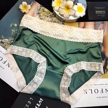 Женские трусики средней завышенной талии с кружевными краями, трусики из чистого хлопка с антибактериальным промежностным эффектом, сексуальные атласные трусики из ледяного шелка M серый