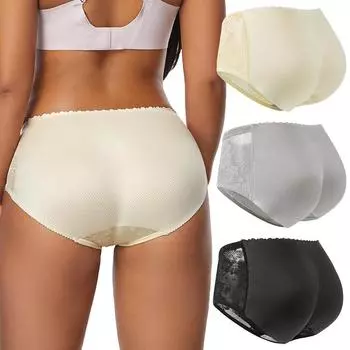 Женские трусики-утягиватели для бедер с подкладкой, кружевное дышащее нижнее белье, утягивающее белье, бесшовные облегающие трусы с эффектом пуш-ап M чёрный