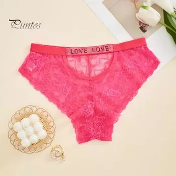 Женские трусы, бесшовные кружевные трусы со стразами и декором, сплошной цвет, цветочная вышивка, эластичные тонкие женские трусы со средней талией, спортивные повседневные трусики M розовый