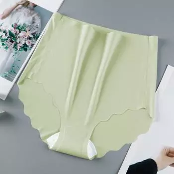 Женские трусы бесшовные японский стиль ледяной шелк хлопок промежность однотонное нижнее белье L зелёный