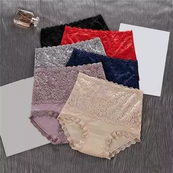 Женские трусы для коррекции фигуры, трусики с высокой талией, женские бесшовные трусы для живота, ягодиц, хлопковая промежность, кружевная отделка L чёрный