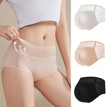 Женские трусы из тонкой сетки в стиле пэчворк, бесшовные, со средней талией, с приподнятыми ягодицами, эргономичный дизайн, поддельные ягодицы, с подкладкой, губка для увеличения ягодиц S