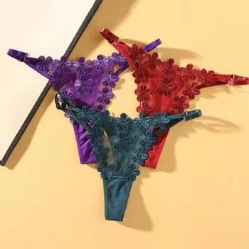 Женские трусы, прозрачные трусы с заниженной талией и аппликацией, порнографические распутные регулируемые женские трусы без ограничений с цветочной вышивкой
