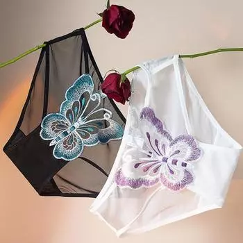 Женские трусы с вышивкой в виде бабочки, прозрачные сетчатые трусы со средней талией, эластичные, для первой брачной ночи, для спальни L