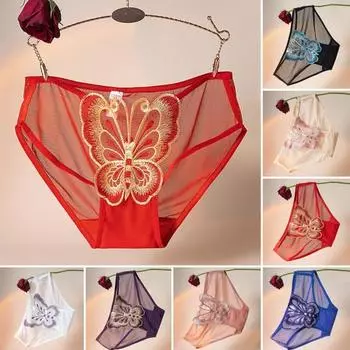 Женские трусы с вышивкой в виде бабочки, прозрачные сетчатые трусы, средняя талия, вырез XL