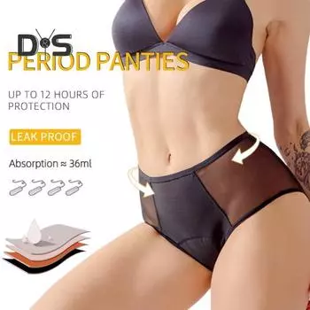 Женские трусы с высокой талией, четырехслойные, большие размеры, сетчатые, лоскутные, эластичные, предотвращающие протекание, менструальные трусы, женское нижнее белье M чёрный