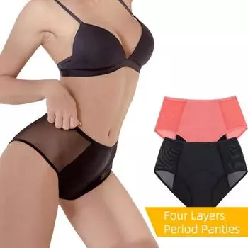 Женские трусы с высокой талией, четырехслойные, большие размеры, сетчатые лоскутные эластичные трусы для предотвращения протекания, менструальные трусы M чёрный