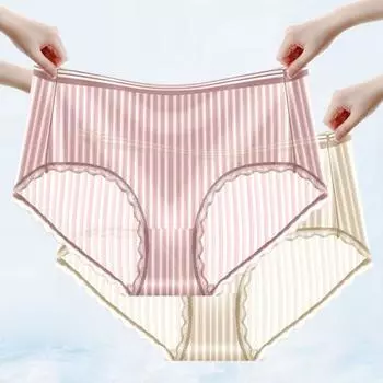 Женские трусы со средней талией из ледяного шелка размера плюс, эластичные, тонкие, мягкие, дышащие, антисептические, бесшовные, полосатые, кружевные, женские трусы, трусы XL