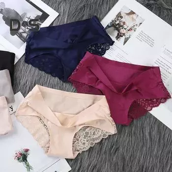 Женские трусы средней талии с кружевной отделкой, закрывающие ягодицы, бесшовные, однотонные, эластичные, удобные, повседневные, спортивные трусы M чёрный