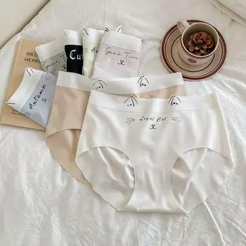 Женские трусы, тонкое милое нижнее белье с изображением кота, женские удобные бесшовные дышащие трусики персикового цвета с ягодицами M серо голубой