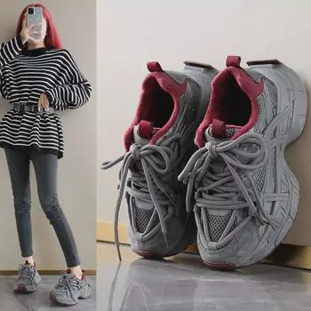 Женские туфли 2024 года из плюшевой сетки на шнуровке для папы — круглый носок, толстая нескользящая подошва, повседневные универсальные кроссовки, увеличивающие рост 39