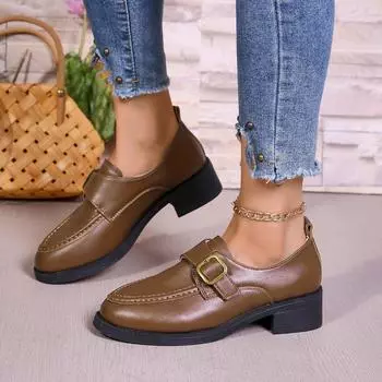 Женские туфли 2024 года, модные лоферы, женские туфли на высоком каблуке, классические офисные туфли-лодочки, женские туфли с пряжкой и круглым носком, средний каблук, слипоны, женские туфли 35 коричневый
