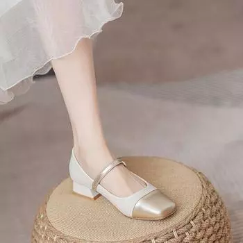 Женские туфли A183 с квадратной головкой на высоком каблуке: Туфли из кожи с ремешком и толстым каблуком на весну/осень 34 золотой