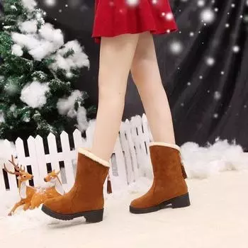 Женские туфли, элегантные, на среднем каблуке, женские зимние сапоги с кисточками, с круглым носком, полувысокие, большие, красные, до середины голени, качественные, новинка в моде 2024 года 35