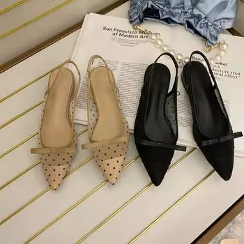 Женские туфли Baotou Bow Shoes 2024 года в горошек на толстом каблуке с изящным острым носком и неглубоким вырезом 37 абрикосовый