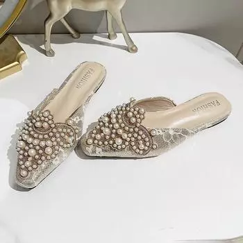 Женские туфли Baotou Lace Flat Slippers с острым носком, женские летние тапочки с жемчугом и стразами Lazy Drag 35 бежевый