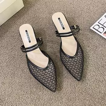 Женские туфли без каблуков с острым носком, новые летние дизайнерские сандалии на массивном каблуке 2024, шлепанцы, шлепанцы, туфли-лодочки на высоком каблуке 35 чёрный