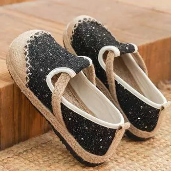 Женские туфли без застежек со скрытым каблуком, удобные туфли из льна на танкетке с низким верхом, тканевые туфли в этническом стиле 35 чёрный
