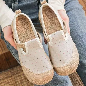 Женские туфли без застежек в этническом стиле с вышивкой из ткани, удобные дышащие туфли с круглым носком на низком каблуке из льна 35 чёрный