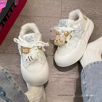 Женские туфли Big Head Bread на бархатной подкладке 2024 года: Стильные, теплые, универсальные зимние кроссовки 40