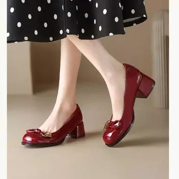 Женские туфли-бобы из лакированной кожи в стиле ретро с бантом, туфли на толстом каблуке с плоской подошвой и закругленной головкой 35 миндальный