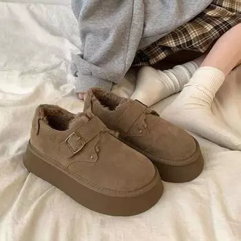 Женские туфли Boken на толстой подошве из бархата, новинка 2024 года, зимние темно-бордовые теплые ботинки с одной педалью, хлопковая обувь 35