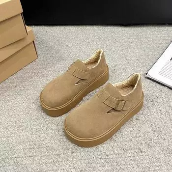 Женские туфли Boken на толстой подошве, осень-зима 2024, новые бархатные туфли с одной педалью, повседневные теплые туфли из хлопка в стиле ретро 35 хаки
