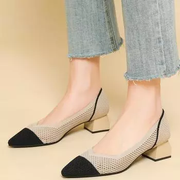 Женские туфли больших размеров на толстом каблуке, простые вязаные туфли, повседневные туфли с открытым носком, массивные рабочие туфли, однотонные, размеры 34-43 41