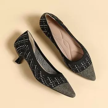 Женские туфли больших размеров на тонком каблуке с цветными блоками, простые, повседневные, с острым носком, трикотажные, открытые, рабочие, одинарные, размеры 34-43 34 чёрный/золотой