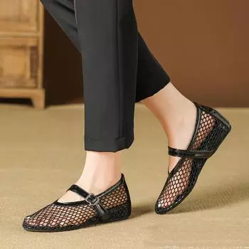 Женские туфли больших размеров с ажурной сеткой, летние повседневные туфли на плоской подошве, однотонные туфли Mary Jane Single Shoes 36-43 36 чёрный