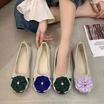 Женские туфли больших размеров с бантом и цветочным принтом, цветными блоками, с квадратным носком, на плоской подошве 35 чёрный