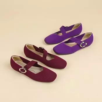 Женские туфли больших размеров с квадратным носком, весенние повседневные туфли на плоской подошве, однотонные трикотажные туфли Мэри Джейн с мягкой подошвой, размеры 34-43 34 фиолетовый