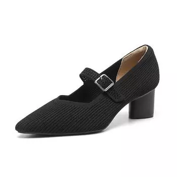 Женские туфли большого размера на толстом каблуке с острым носком, повседневные дышащие однотонные трикотажные туфли Мэри Джейн на высоком каблуке, размеры 34-43 34 чёрный
