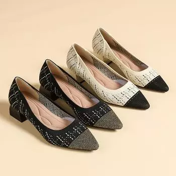 Женские туфли большого размера на толстом каблуке с острым носком, повседневные, Flyknit, золотистые нити, цветные, на толстом каблуке, одинарные, 34-43 34 золотой/чёрный