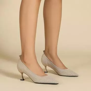 Женские туфли большого размера на тонком каблуке с острым носком, повседневные, Flyknit, ажурные, дышащие, однотонные, на высоком каблуке, одинарные, 36-43 36 чёрный