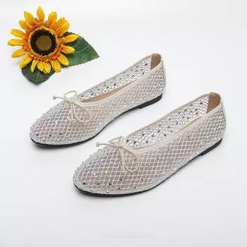 Женские туфли большого размера с круглым носком, неглубоким горлом, нескользящей плоской подошвой, одинарная сетка с ромбовидным бантом, универсальные, дышащие 35 белый