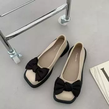 Женские туфли большого размера, весенне-осенние туфли в британском стиле в стиле ретро с квадратным носком и бантом, однотонные туфли на низком квадратном каблуке, мягкая подошва, мягкая кожаная обувь 35 чёрный