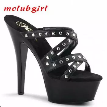 Женские туфли, босоножки на высоком каблуке с двойным рядом заклепок, для выступлений, на тонком каблуке, для ночных танцев, каблук 15 см, платформа 5 см, YKC 34 чёрный