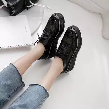 Женские туфли Brock на толстой подошве, весна 2024, новинка британского стиля, повседневная обувь со шнуровкой и блестками на наклонном каблуке HZB 34 чёрный