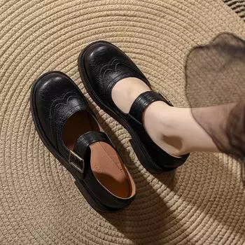 Женские туфли-броги «Мэри Джейн» в стиле ретро — круглый носок, толстый каблук, неглубокая горловина, идеально подходят для осени и зимы. чёрный