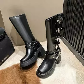 Женские туфли «Челси» на высоком каблуке, длинные сапоги на платформе 2024 года, новые модные ковбойские сапоги, зимние повседневные женские ботинки из искусственной кожи для вечеринок 35