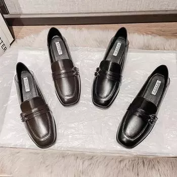 Женские туфли Commuter Square Toe 2025: Британский стиль, большой размер, толстый каблук, плюс бархат, универсальная плоская подошва 42 темно-коричневого