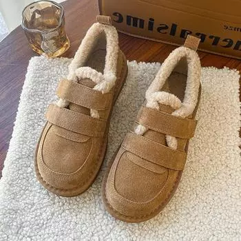 Женские туфли цвета хаки на толстой подошве с мохнатыми вставками 2024 года, зимние женские новые туфли Boken из толстого бархата для тепла и противоскольжения, ретро-ботинки для снега 36