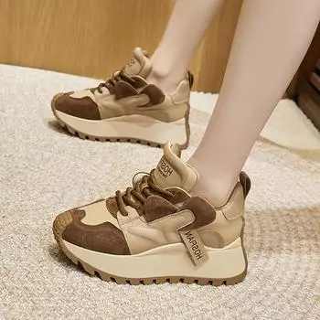 Женские туфли Dad из натуральной кожи на толстой подошве — универсальная, дышащая, повседневная спортивная обувь на весну 2025 года. 34 бежевый