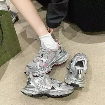 Женские туфли Dad Shoes 2024 Весна Новые кожаные повседневные туфли с толстой подошвой и круглым носком из сетки Серебряные модные брендовые кроссовки 35 розовый