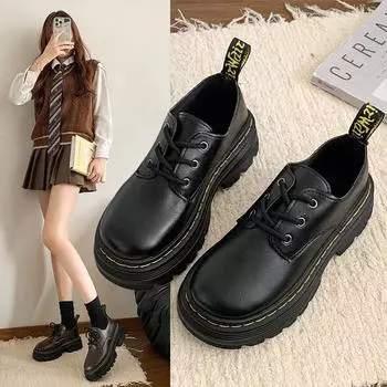 Женские туфли дерби на шнуровке с круглым носком, осенние 2024 года, с толстым каблуком и подошвой US 9 чёрный